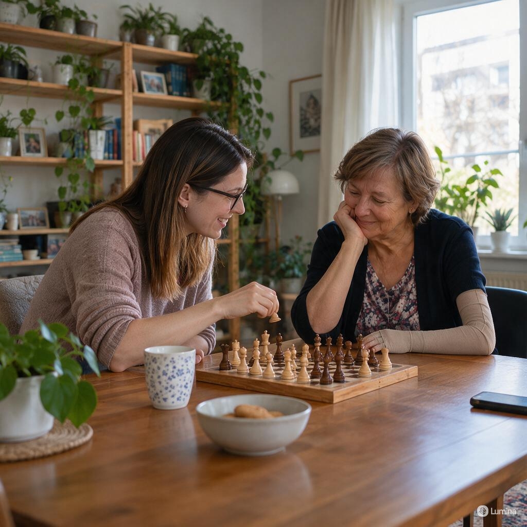 Two women enjoying a game of chess together at home